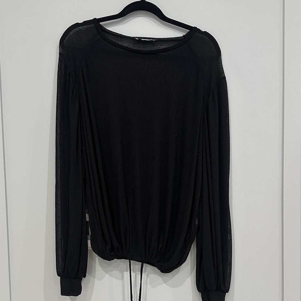 Zara Black Sheer Long-Sleeve Drawstring Top